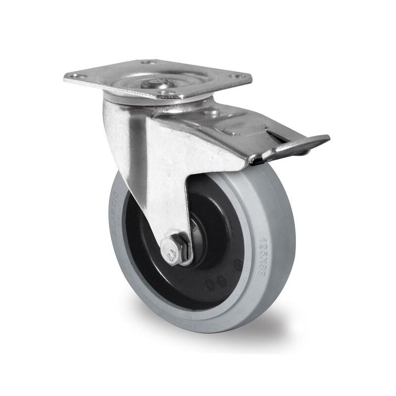 Swivel castor with brake, ø 100 elastic grey, ball bearing
